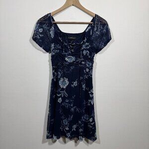 Derek Heart Y2K Women’s Babydoll Dress Blue Floral Smocked Size M Milkmaid